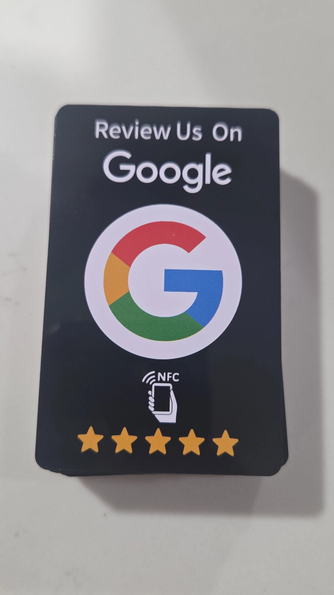 Pre-printed Google Review NFC tap card with gold five-star rating