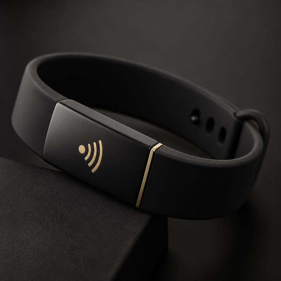 Black NFC smart wristband with gold tap symbol